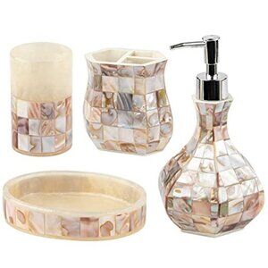 Mother of Pearl Bathroom Accessories Set 4 Piece Soap Dispenser Toothbrush Holde